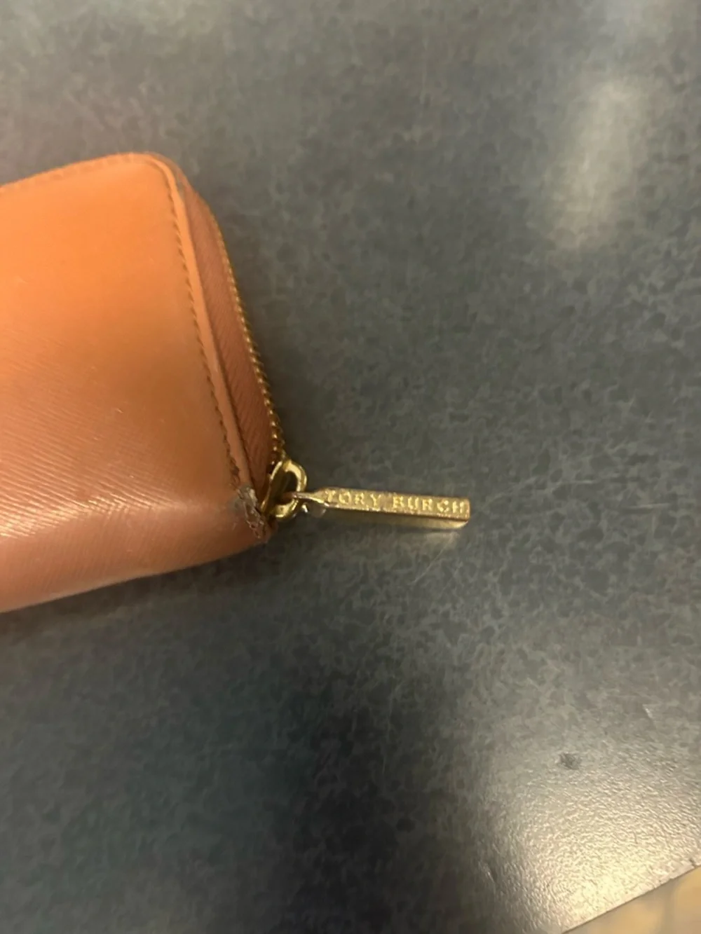 Tory Burch Cognac Leather Wristlet with Gold Logo